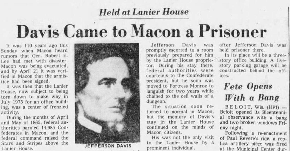 An article from The Telegraph on April 25, 1975, memorializing how Macon witnessed the end of the Civil War. Confederate President Jefferson Davis was captured in Irwinville and brought to Macon to talk to Major General James Wilson.