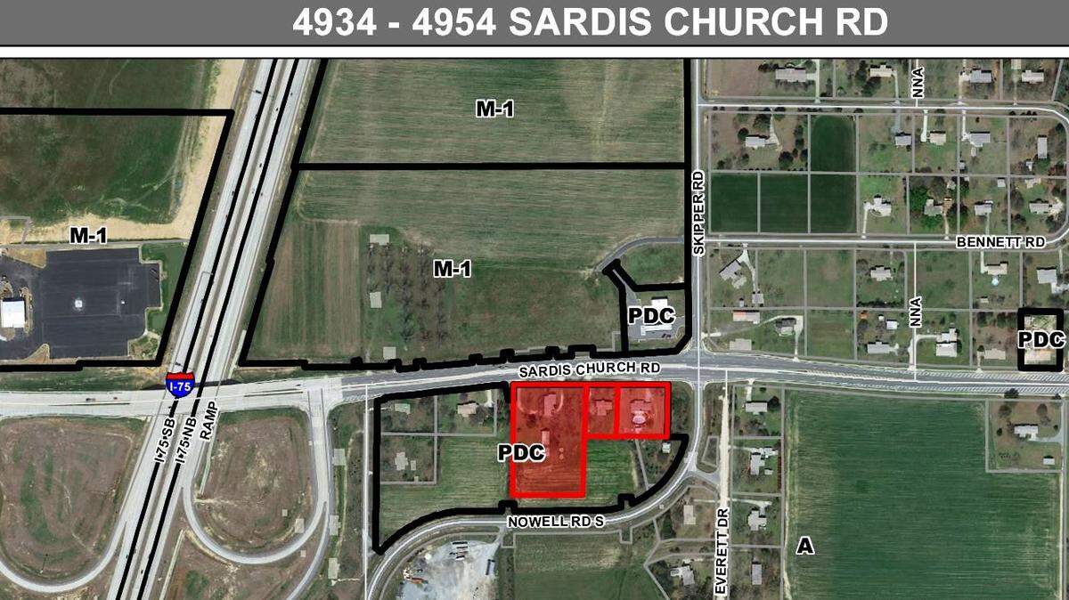 The proposed site for the QuikTrip Travel Center is shown in red on this map which is part of the application for a conditional-use permit from the Macon-Bibb County Planning & Zoning Commission. The large vacant area north of the site is where the Amazon fulfillment center is being built.