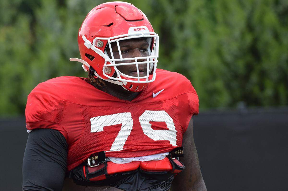 Georgia offensive tackle Isaiah Wilson (79) during the Bulldogs’ session on the Woodruff Practice Fields in Athens, Ga., on Tuesday, Aug. 13, 2019.