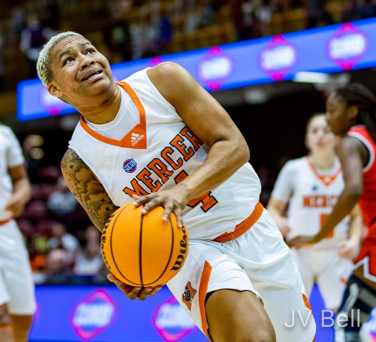 Mercer graduate student guard Endia Banks drives to the net against Samford Friday morning during the SOCON Ingles Championships at the Harrah’s Cherokee Center in Asheville, N.C.