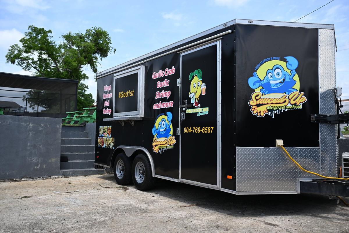 The Sauced Up food truck sits in Greenwood Bottom Shopping Plaza on Friday, April 25, 2025, in Macon, Georgia. Owner Charlie Jonas moved to Macon from Florida with his food truck, which specializes in seafood.