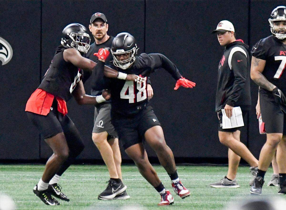 Atlanta Falcons linebacker Bud Dupree at practice held at Mercedes-Benz Stadium Tuesday. Dupree, a Middle Georgia native owns Vibez in dowtown Macon and was recntly named grand marshal of Macon’s inaugural Juneteenth parade.
