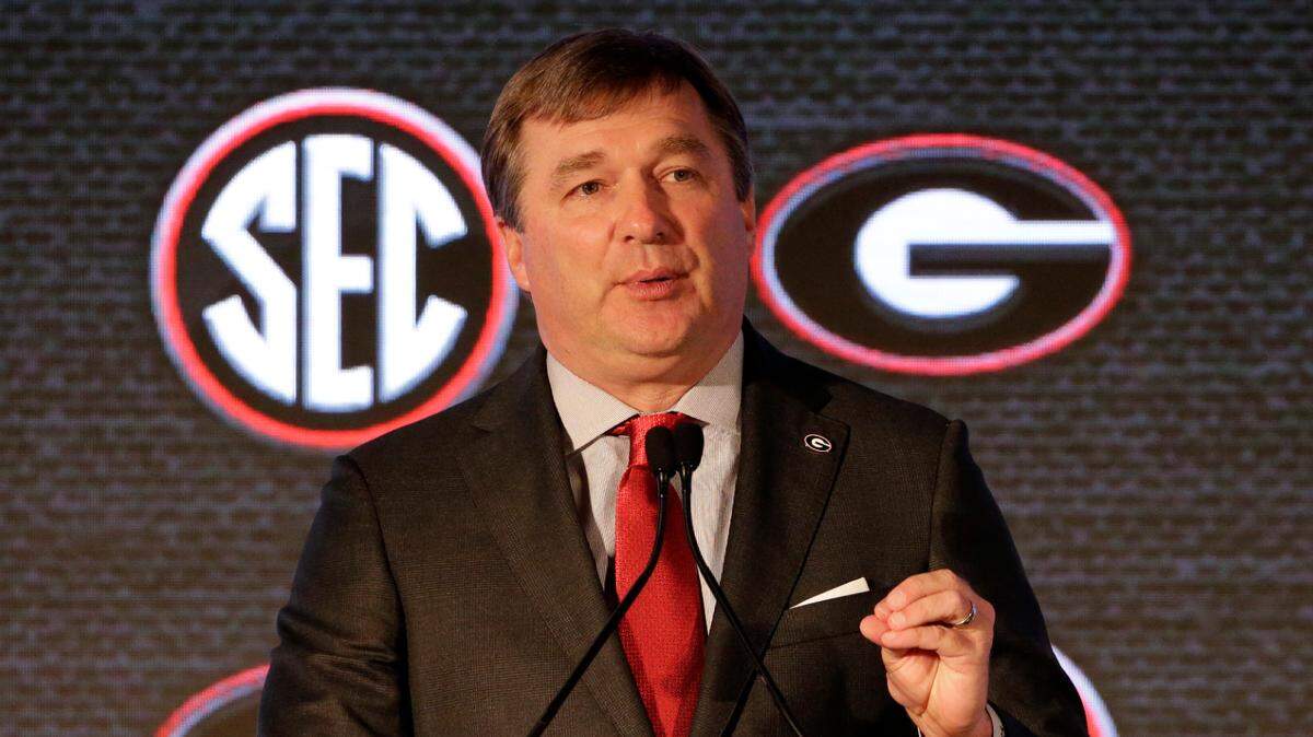 Georgia head coach Kirby Smart speaks to reporters during the NCAA college football Southeastern Conference Media Days Tuesday, July 20, 2021, in Hoover, Ala. (AP Photo/Butch Dill)