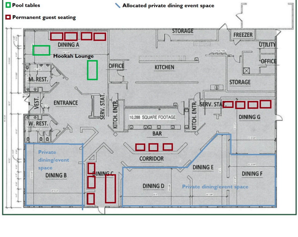 This drawing included in a request for a conditional use permit for Full House Tavern shows the locations of allocated private dining event space withing the building.