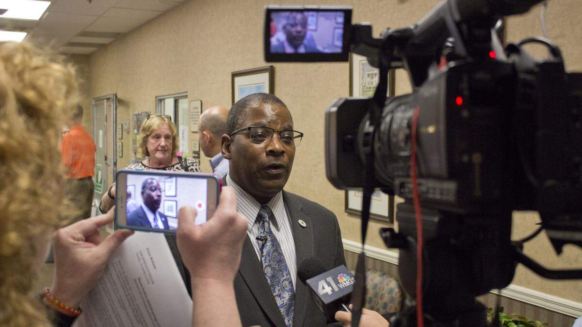 CARSON MCGORRY/CENTER FOR COLLABORATIVE JOURNALISMBibb school Superintendent Curtis Jones talks with the media after a convincing victory in the E-SPLOST vote on Tuesday, Nov. 3, 2015.