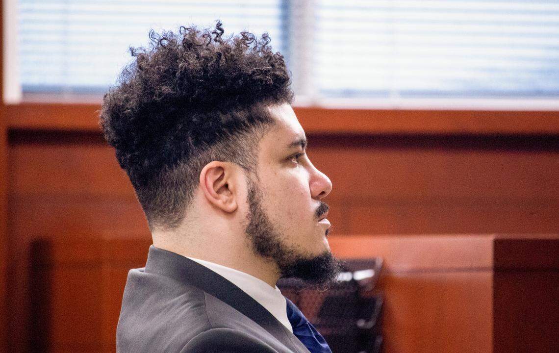 Anthony Douglas Shoffner Jr. sits in a Houston County Superior courtroom Tuesday afternoon during his murder trial. Shoffner Jr. is accused of killing his mother and stepfather in a knife attack in March 2020 at the Houston Lake Road apartments where they all lived.