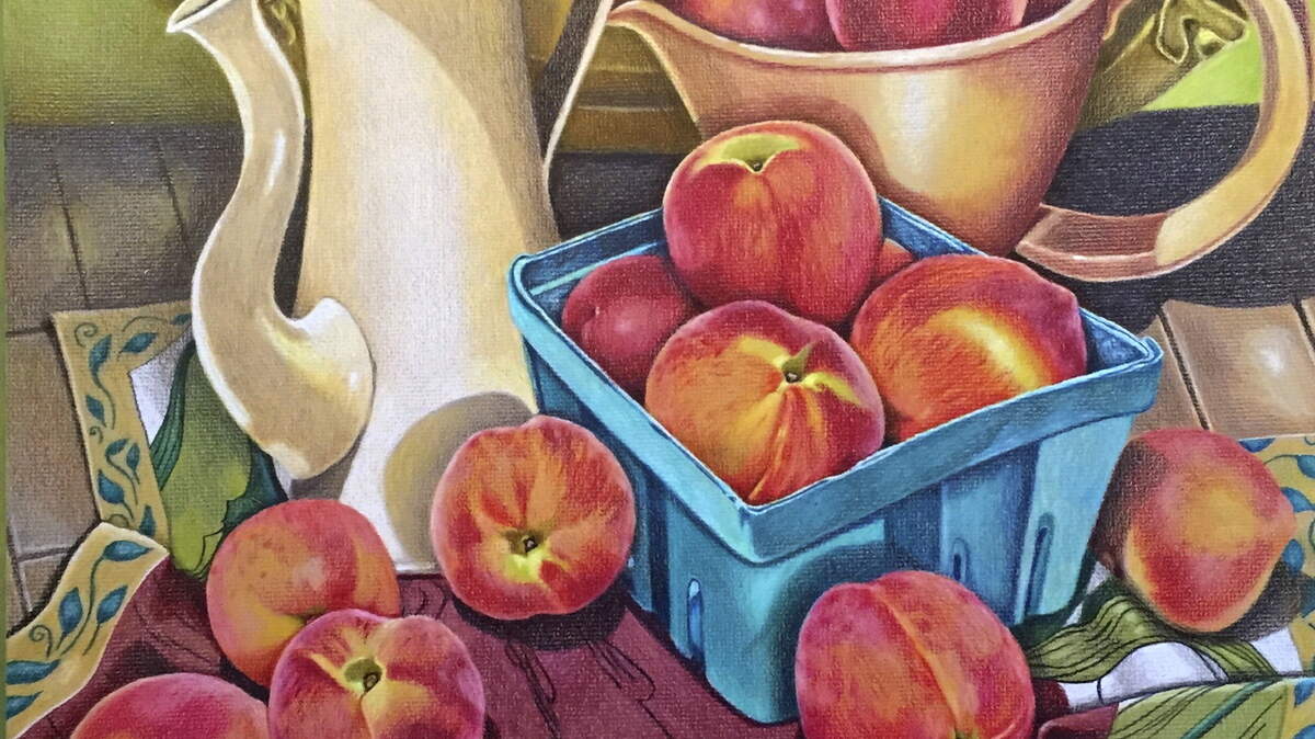 Bright yellows, rich golds, subtle oranges and bold reds are just the beginning of your palette when drawing peaches, says Mark Ballard, such as in this work, “Peaches and Pottery.”