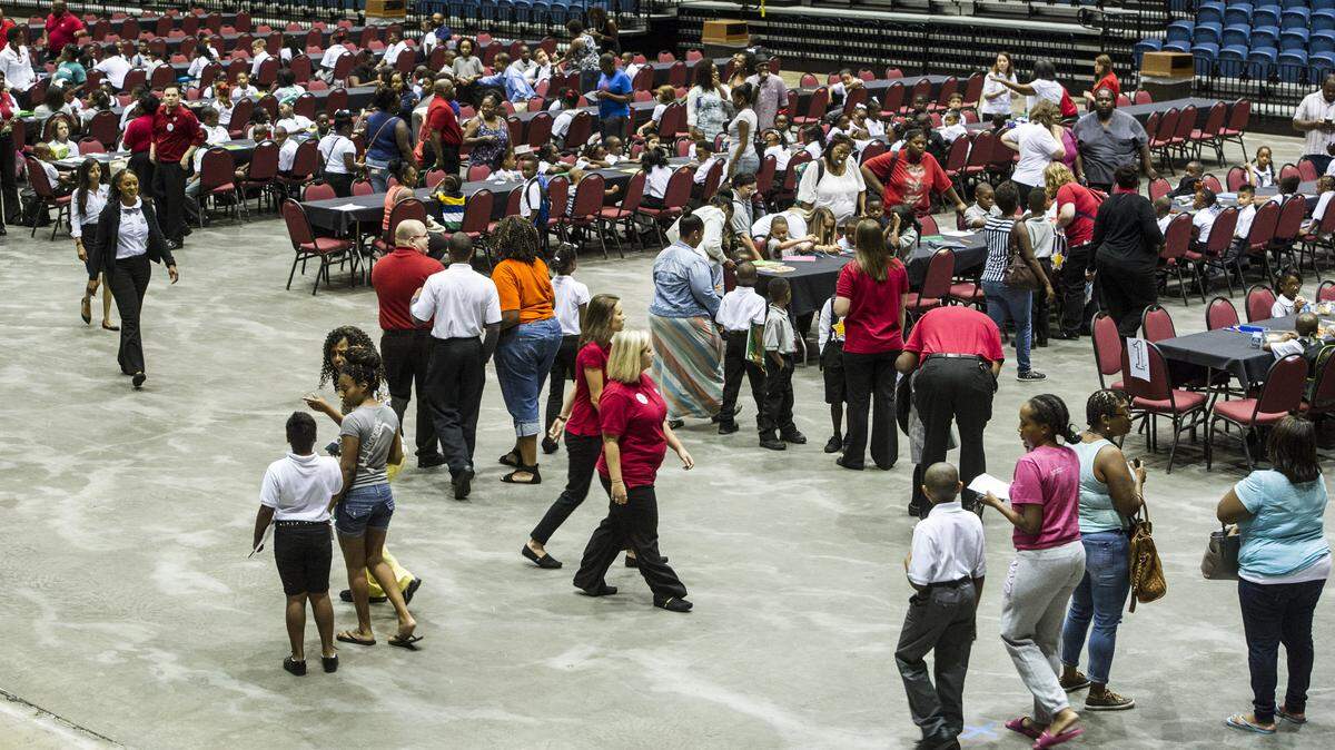 Long tables were set up for each grade on the first day of school at Macon Charter Academy at Macon Coliseum.