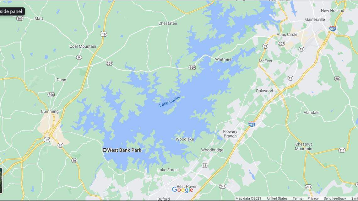 A screen grab from Google Maps shows Lake Lanier in Georgia, where a 55-year-old man died Friday after trying to retrieve a pool float while paddle boarding, officials say.