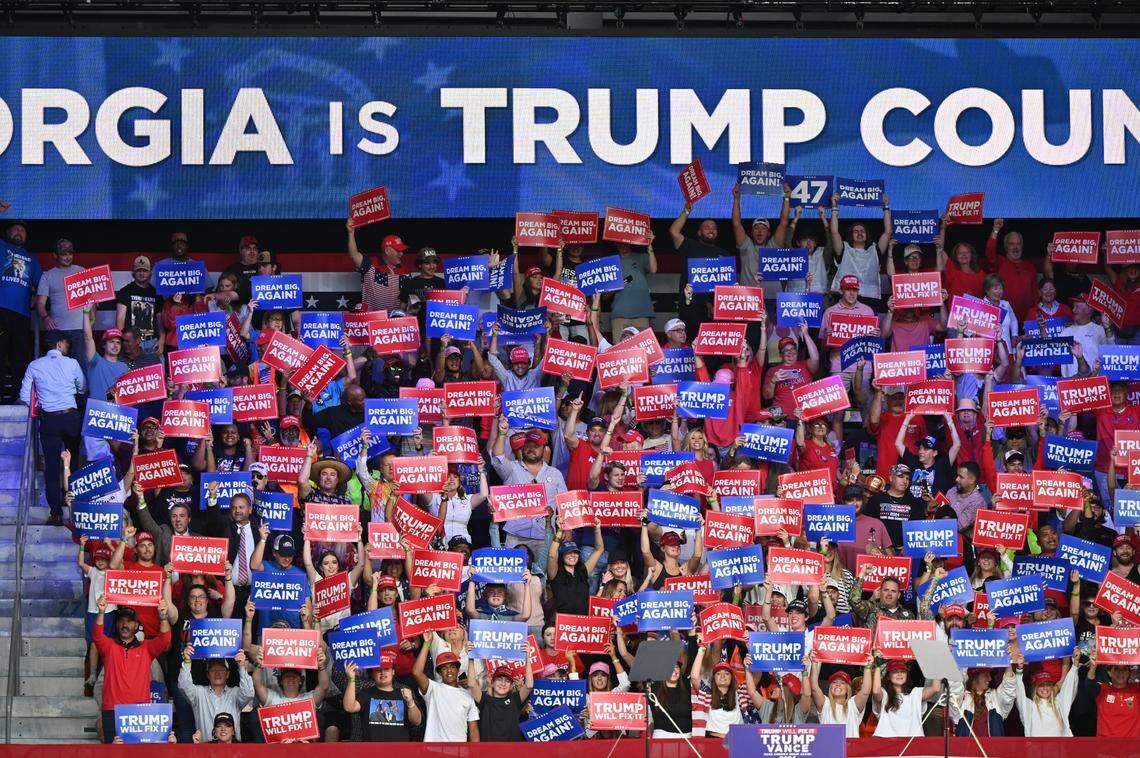 Scenes from before the start of Republican presidential candidate Donald Trump’s “Make America Great Again” Rally on Sunday, Nov. 3, 2024, at Atrium Health Amphitheater in Macon, Georgia.