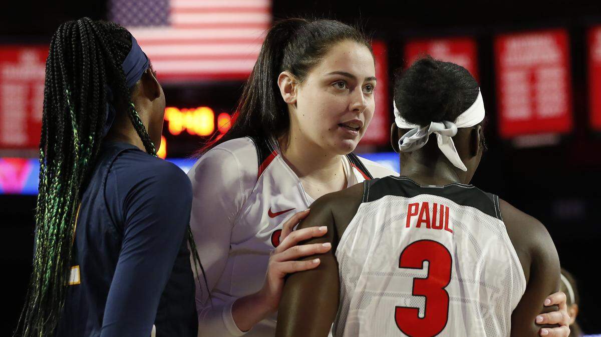 Georgia center Jenna Staiti (14) speaks with forward Stephanie Paul (3) during a timeout in the team’s NCAA college basketball game against North Carolina A&T on Wednesday, Nov. 13, 2019, in Athens, Ga.