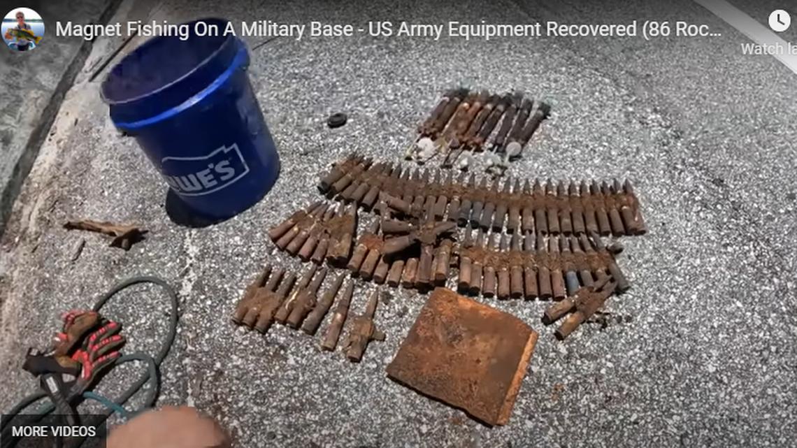 A lineup of bullets, rockets and an armored plate pulled out of the river by the YouTubers.