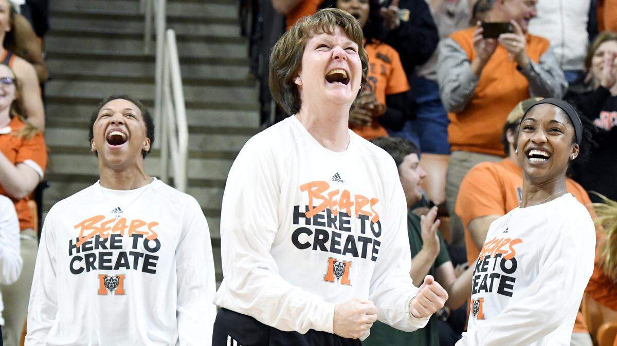 Mercer head coach Susie Garner celebrated loudly after seeing her team earn an NCAA Tournament berth.