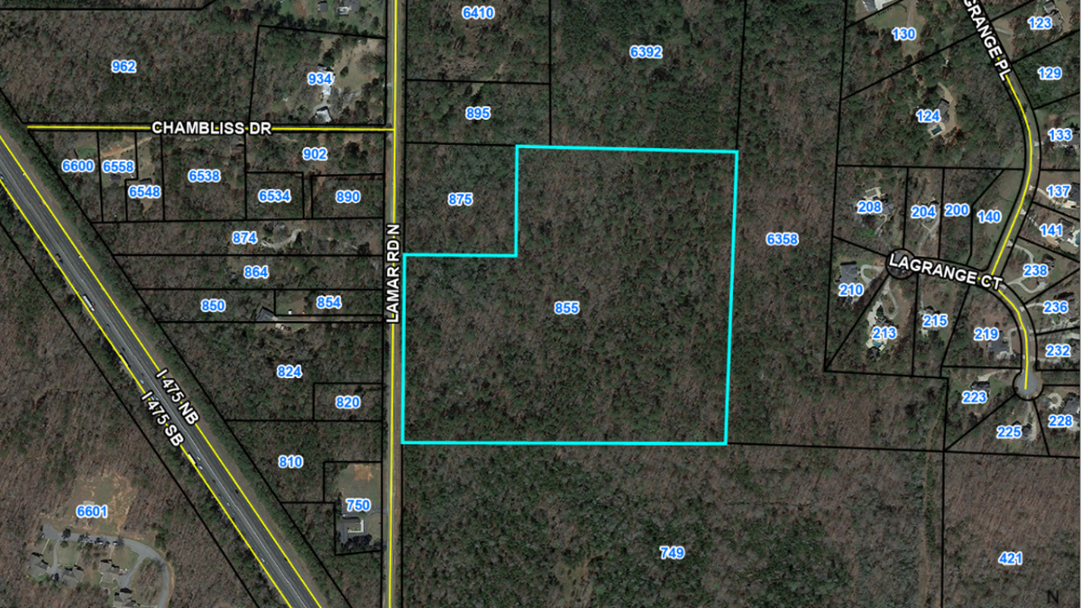 A map shows the parcels of land the Macon-Bibb County Planning and Zoning Commission rezoned for a subdivision. Residents in the area worry the new development could overcrowd schools and worsen traffic. 