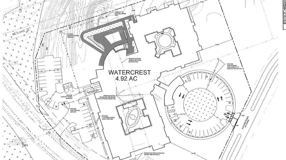 This site plan, submitted to the Macon-Bibb County Planning & Zoning Commission, shows the proposed Watercrest senior living center that would be located in the Providence Town Center. Providence Boulevard into the Providence subdivision is shown at the bottom with a yet unnamed road on the right.