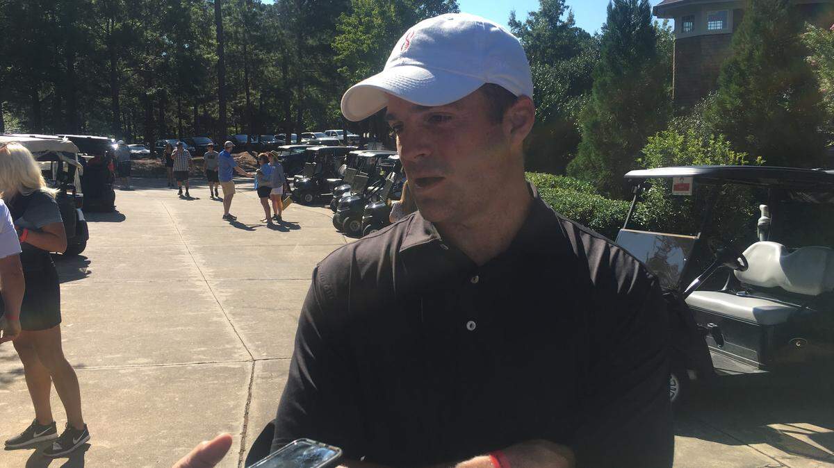 Oklahoma assistant Shane Beamer, who coached at Georgia the past two seasons, spoke to reporters before participating in Bruce Arians’ Georgia Celebrity Golf Classic.