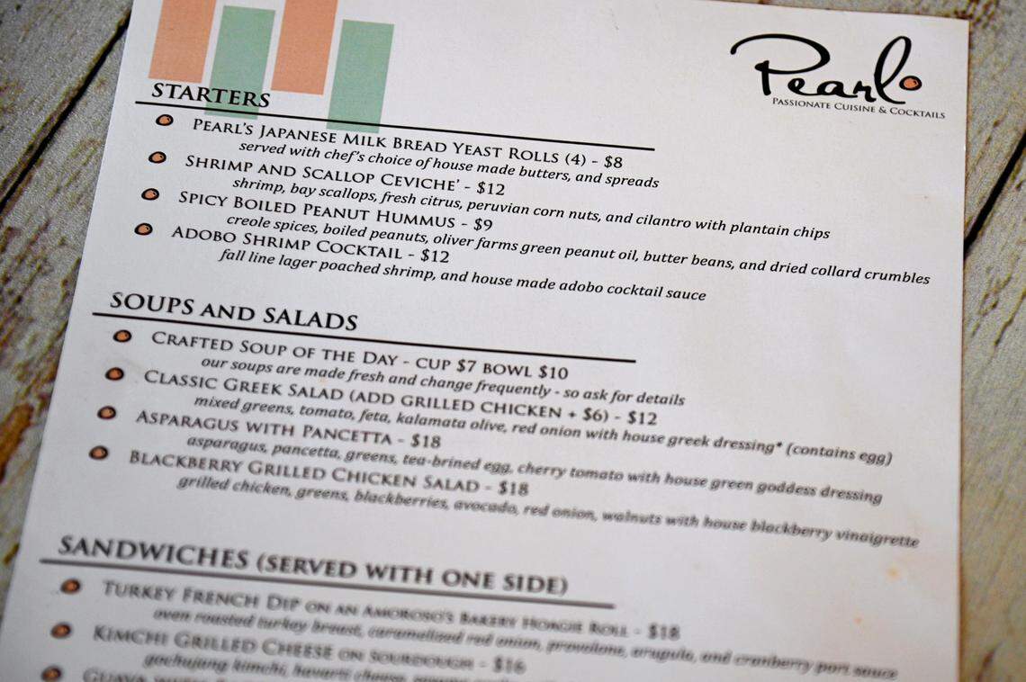 A lunch menu from Pearl Passionate Cuisine & Cocktails located at 470 First St. in downtown Macon.