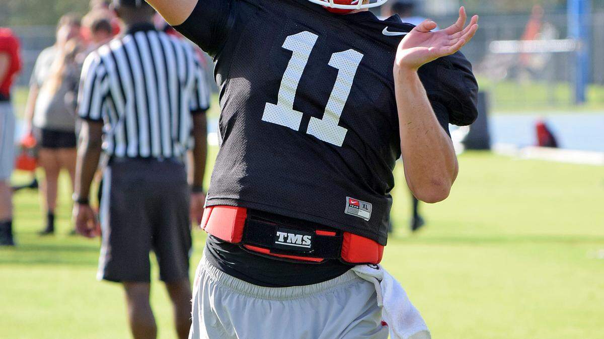 Georgia quarterback Greyson Lambert (11) during the Bulldogs' practice at North Florida's Hodges Stadium on Monday, Dec. 28, 2015, in Jacksonville, Fla. (Photo by Steven Colquitt)