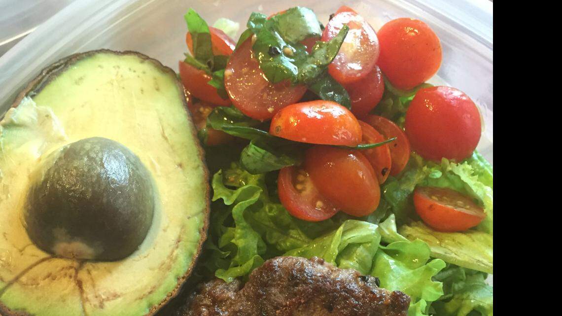 Bungalow Kitchen: Grass-fed burger, avocado and tomato basil salad