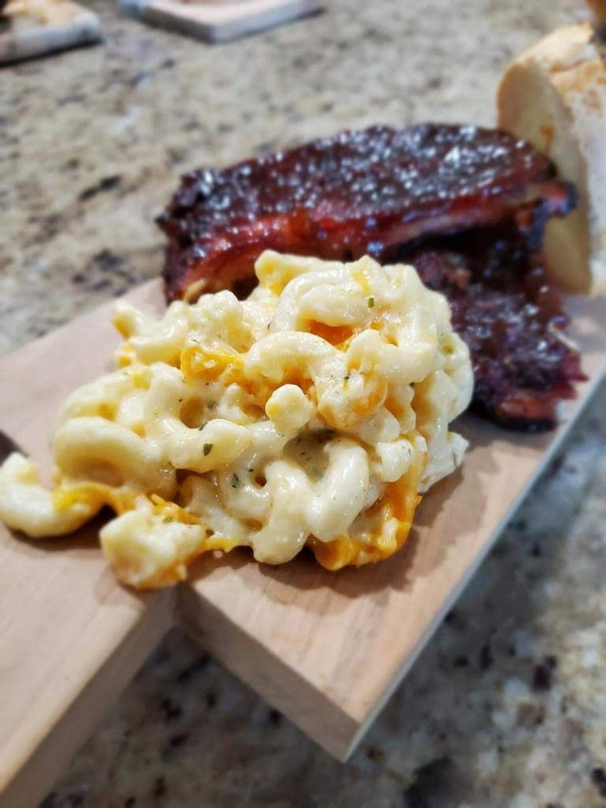 Smokehouse barbecue and smoked Gouda mac and cheese at One Night Stand Catering.