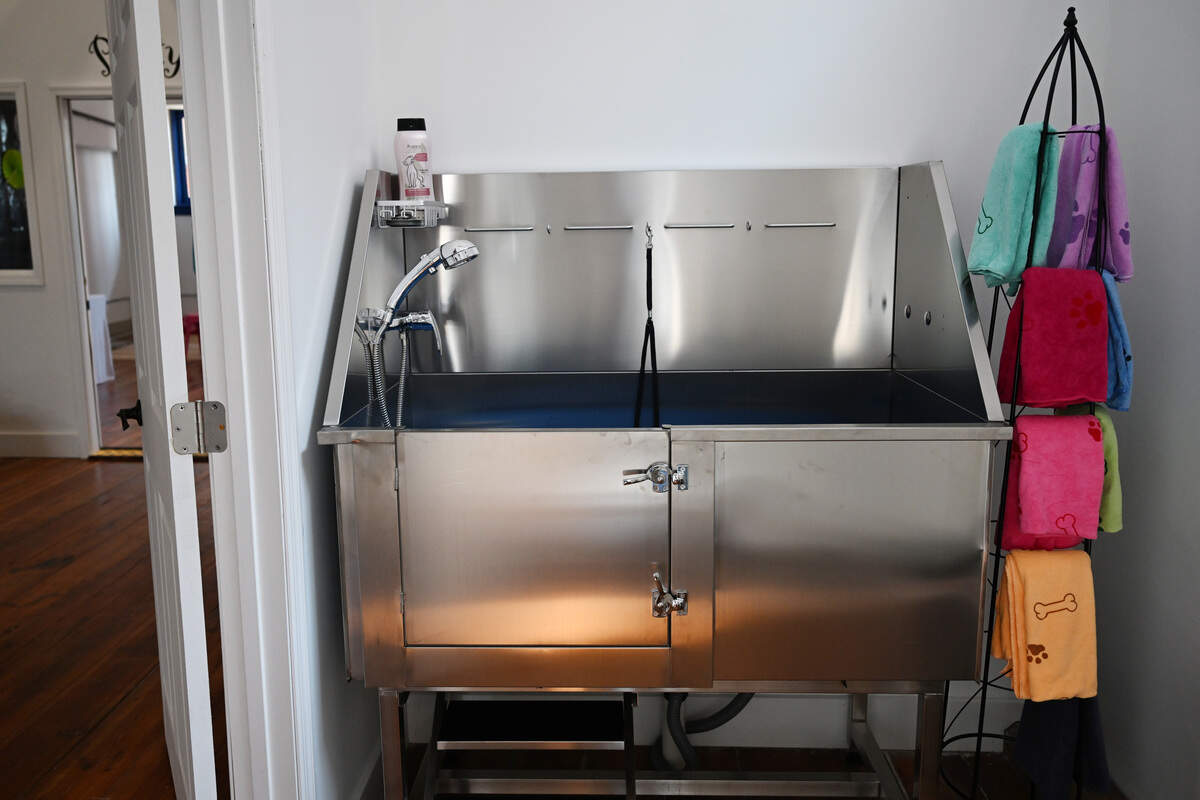 A tub for pet self-wash sits inside of the restroom at Pet Party Palace on Tuesday, Sept. 16, 2025, in Macon, Georgia. Pet Party Palace began business in May in downtown Macon and offers an indoor party space and photography studio for pets.