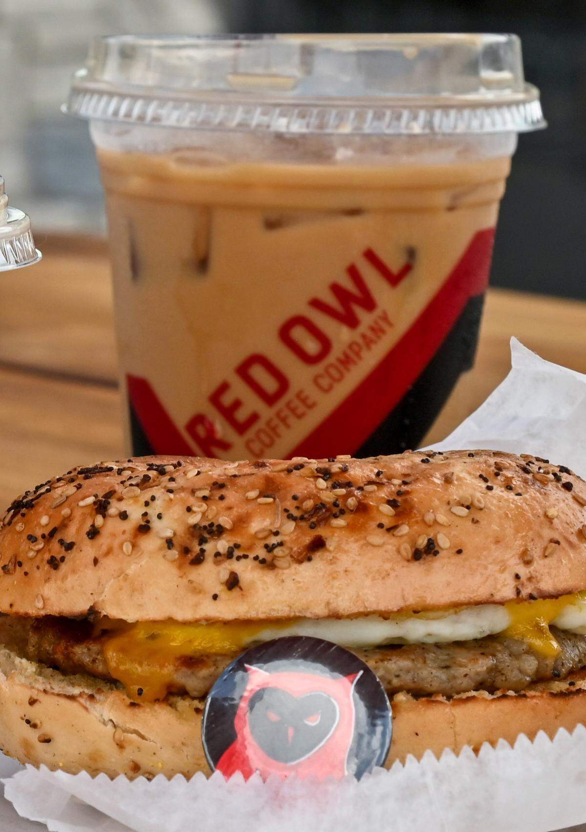 Dosta Double with sausage, egg and cheese Bowser Bagel at Red Owl Coffee in Macon.