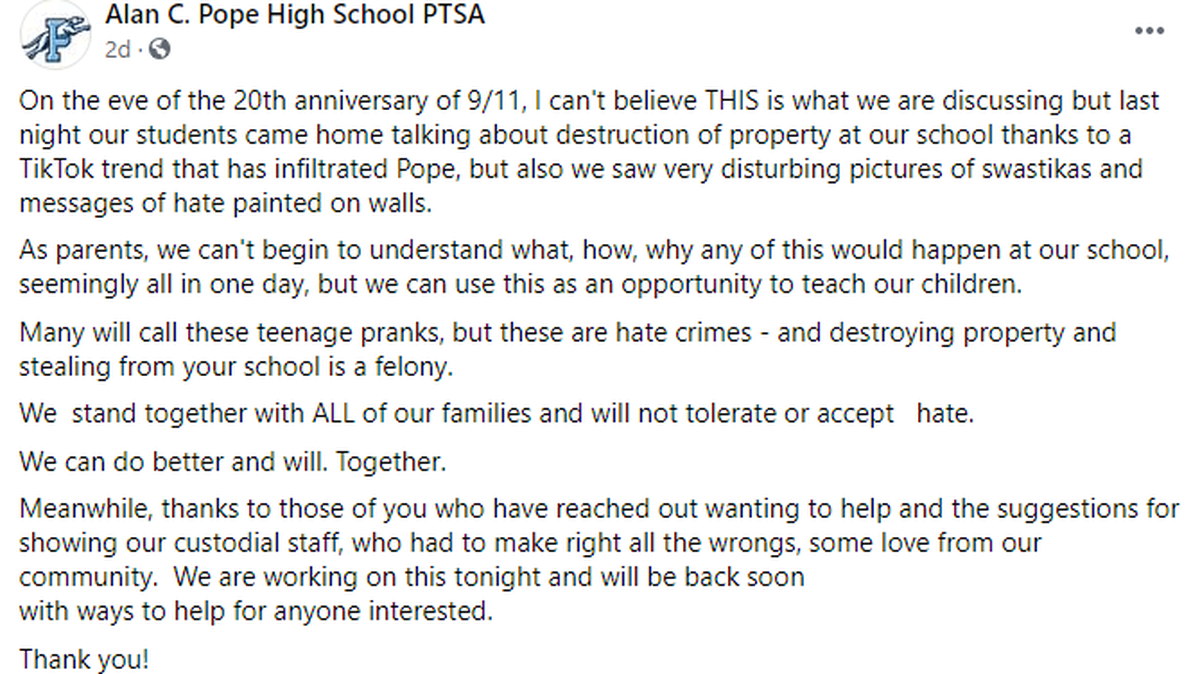 The local Jewish community is upset after an antisemitic message was found inside the boys bathroom at Alan C. Pope High School in Georgia. ALAN C. POPE HIGH SCHOOL PTSA SCREENGRAB