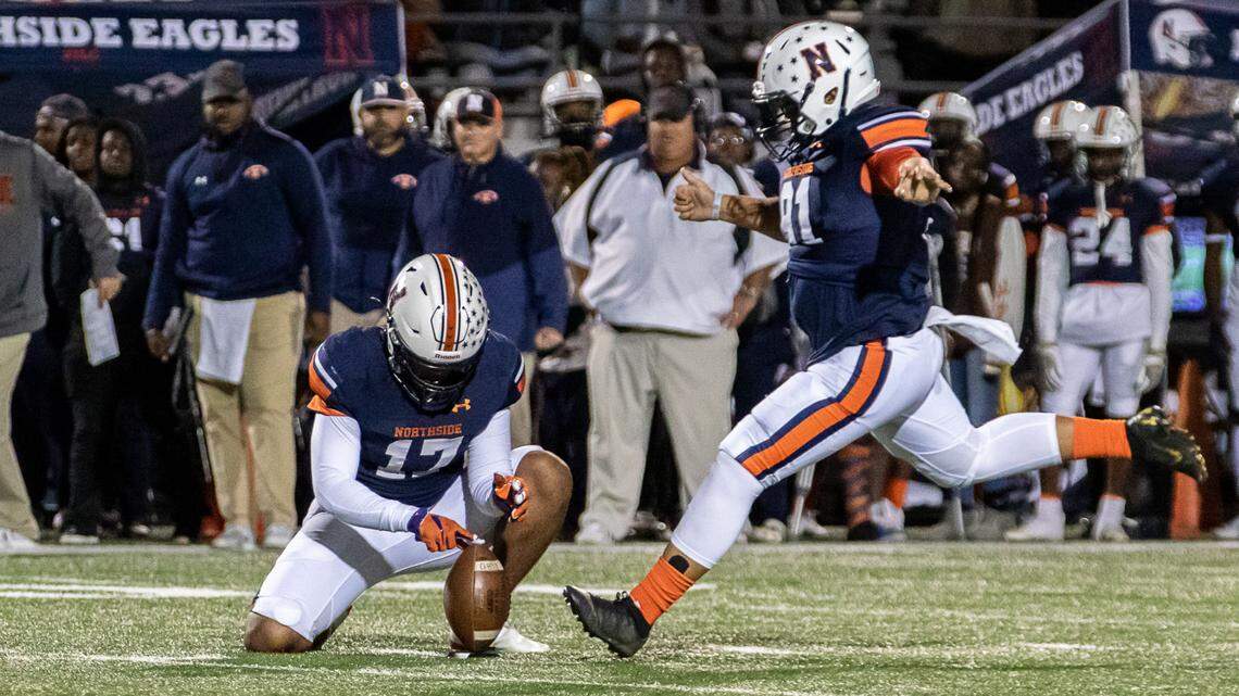 Northside’s Ashton Paredes kicks a field goal against Houston County earlier this season. Paredes recovered from a broken leg last season to help the Eagles to a 7-3 record.