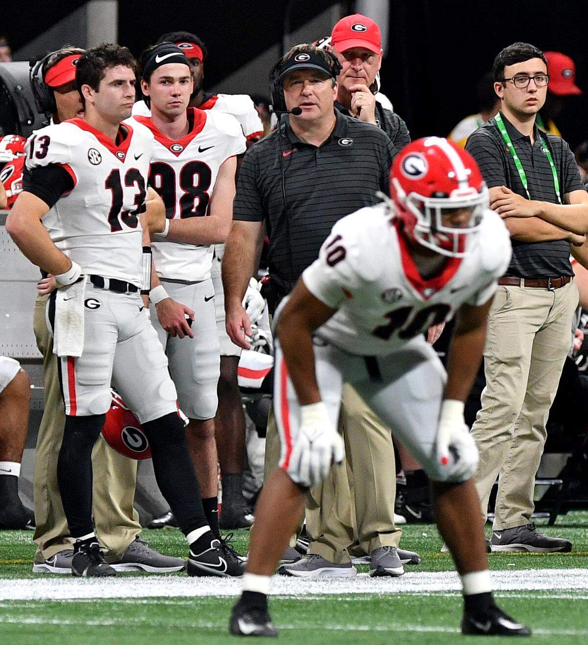 Georgia head coach Kirby Smart watches from the sidelines during the Bulldogs’ 41-24 loss to Alabama Saturday in the SEC Championship.