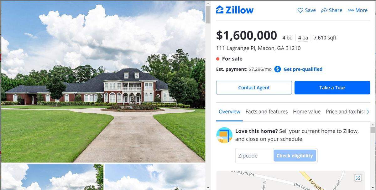 This 7,610-square-foot home has four bedrooms, three full bathrooms and one half bathroom, and the estate features a pool and guest house.