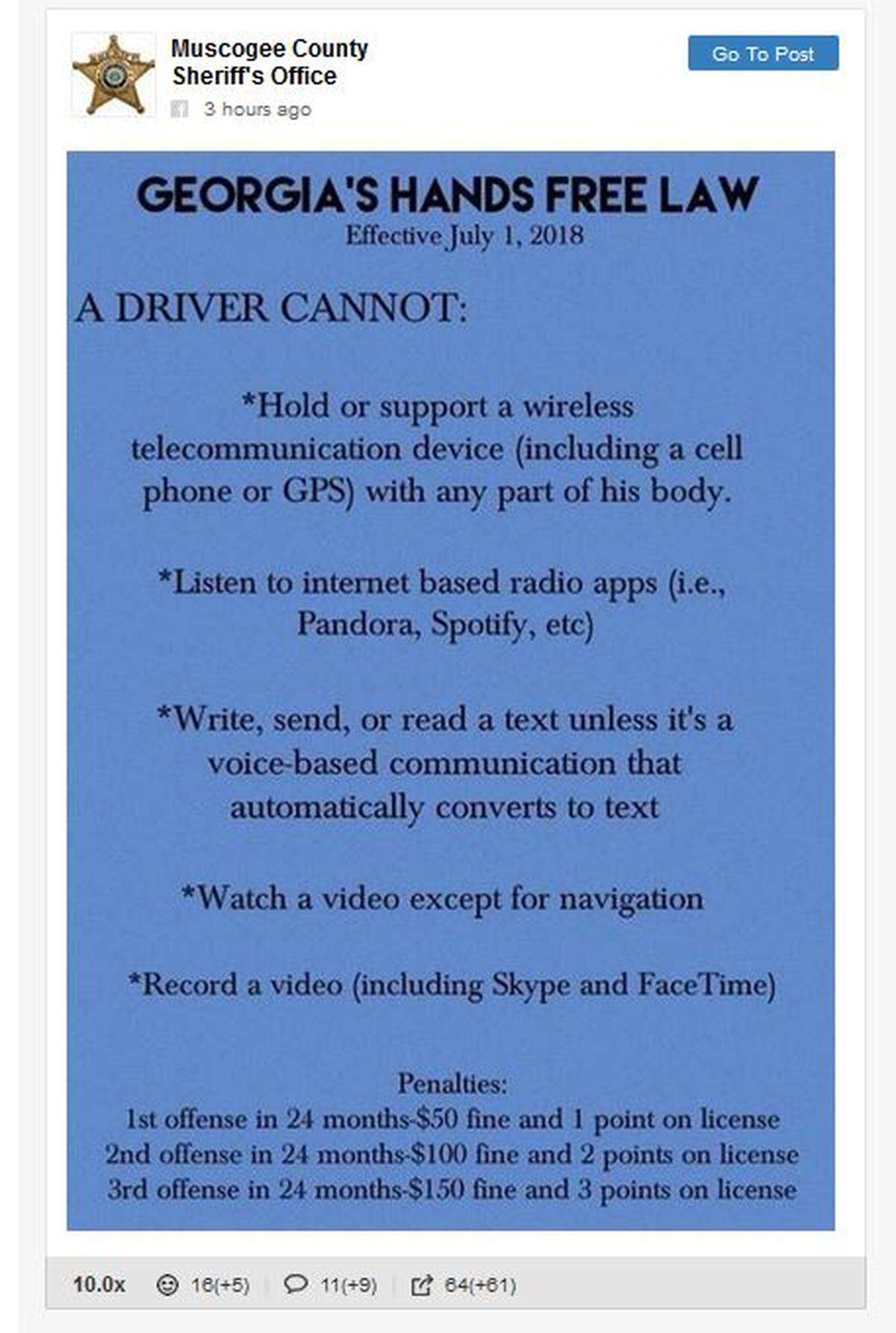 The Muscogee County Sheriff's Office has removed its Tuesday evening Facebook post that contained incorrect information stating internet music apps would be prohibited under the Georgia Hands-Free Act that takes affect July 1.