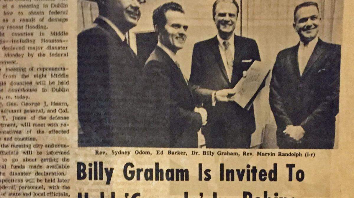 A newspaper story recounts how Ed Barker, along with Warner Robins pastors Sydney Odom and Marvin Randolph tried in 1966 to get the Rev. Billy Graham to do a crusade in Warner Robins.