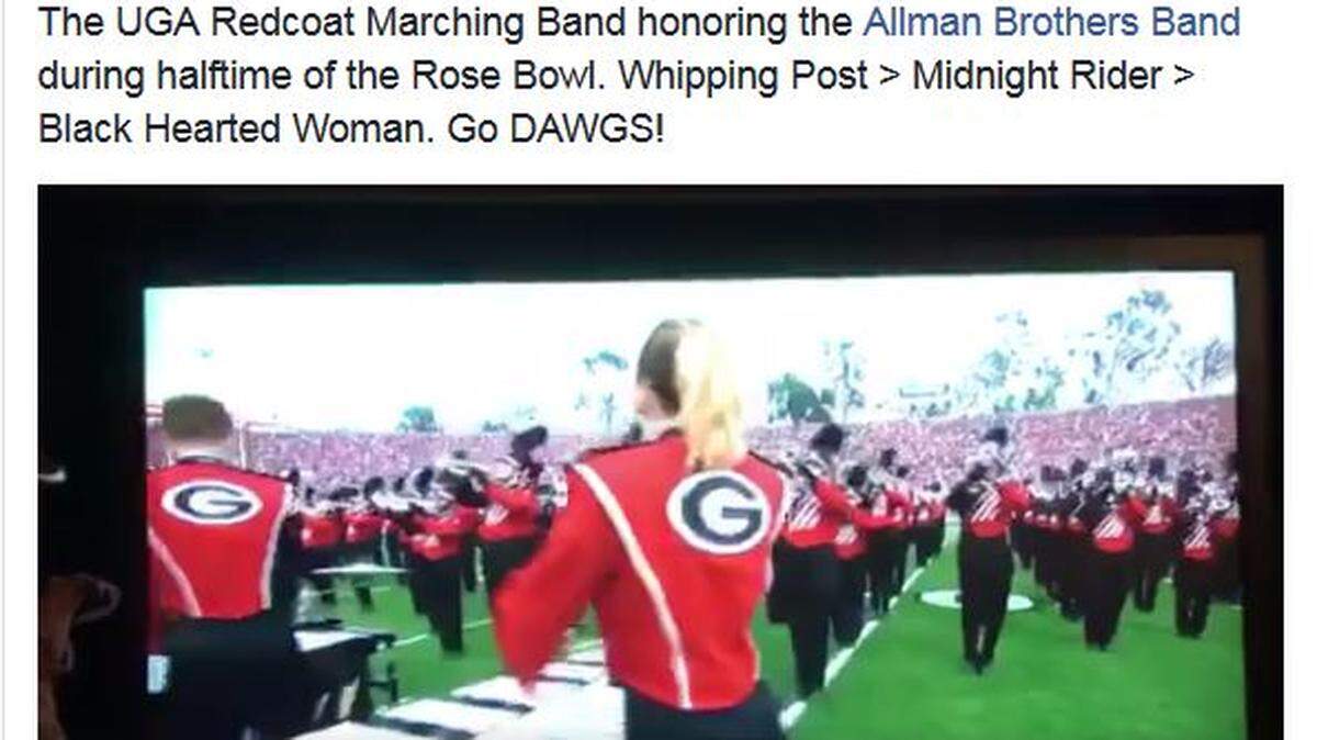 Macon's Rock Candy Tours posted video on Facebook of the UGA Redcoat Band's tribute to the Allman Brothers at the Rose Bowl Monday.