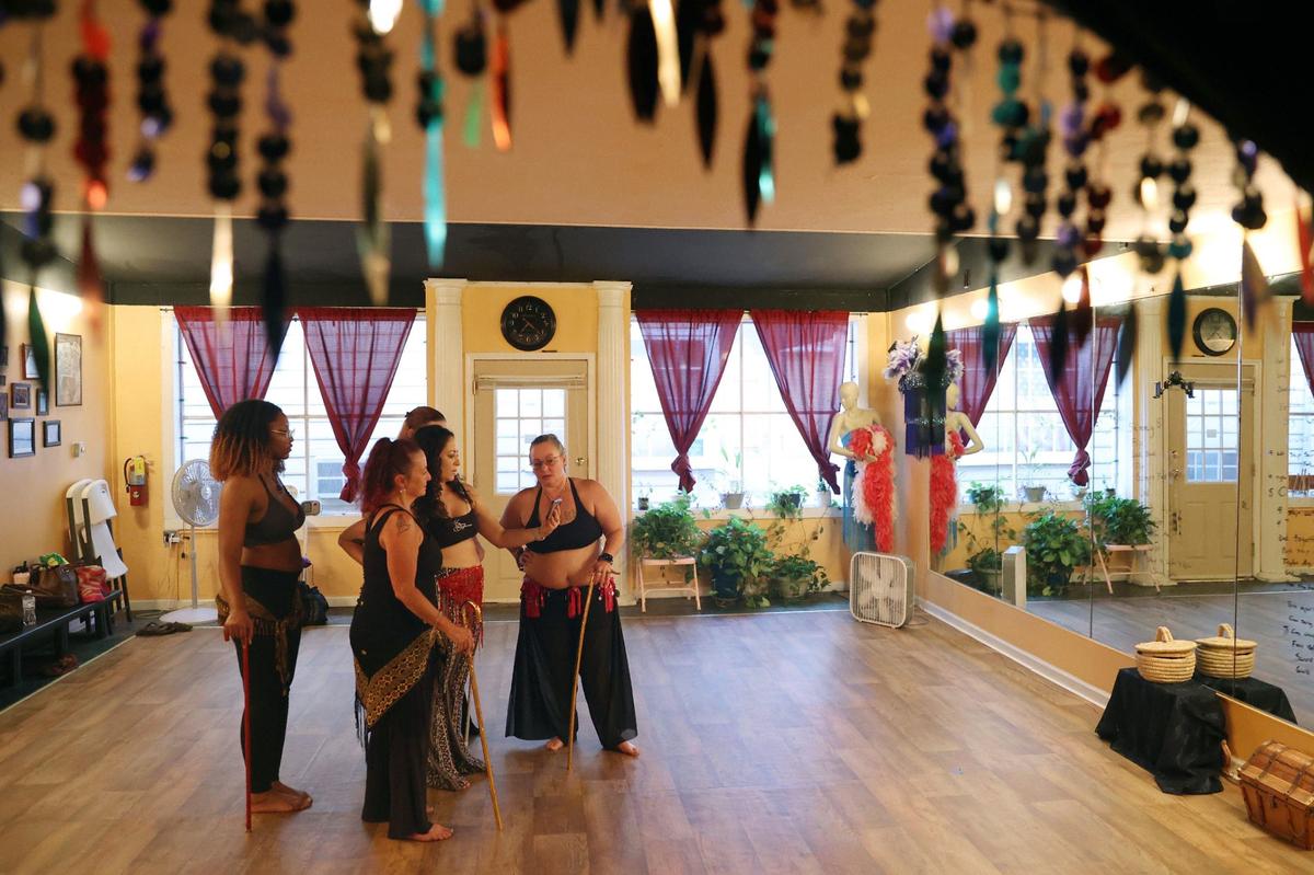 Dancers in the advanced belly dancing class review a routine in Perry Belly Dance Studio on Thursday, Aug. 29, 2024, in Perry, Georgia. Perry Belly Dance Studio opened in 2010 and offers classes for all ages and skill levels.
