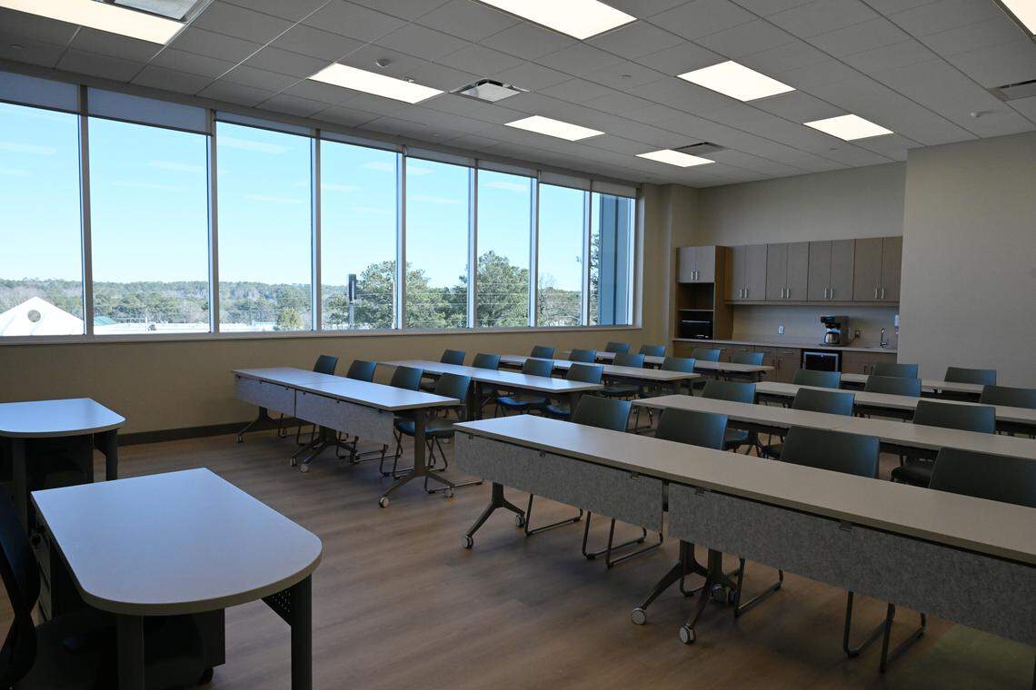 One of several group peer support suites sits on the Adult Peer Support side of the new River Edge Adult Peer Support and Community Integration Center on Tuesday, Jan. 27, 2026, in Macon, Georgia. Certified peer specialists lead support groups at the center for those with behavioral health challenges and guide through their own lived experiences. 