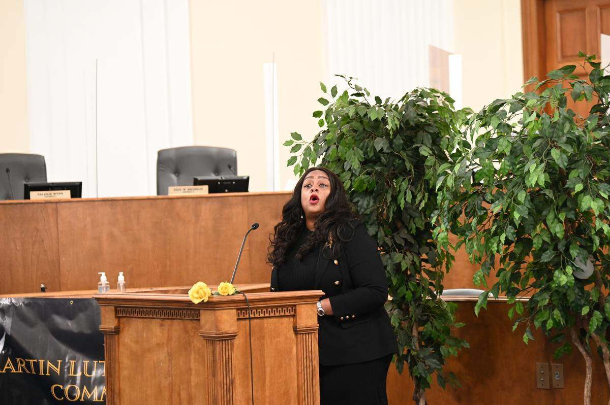 Katina Cabiness performs a rendition of Sam Cooke’s “A Change is Gonna Come” during a Macon-Bibb County MLK Day celebration Monday morning.