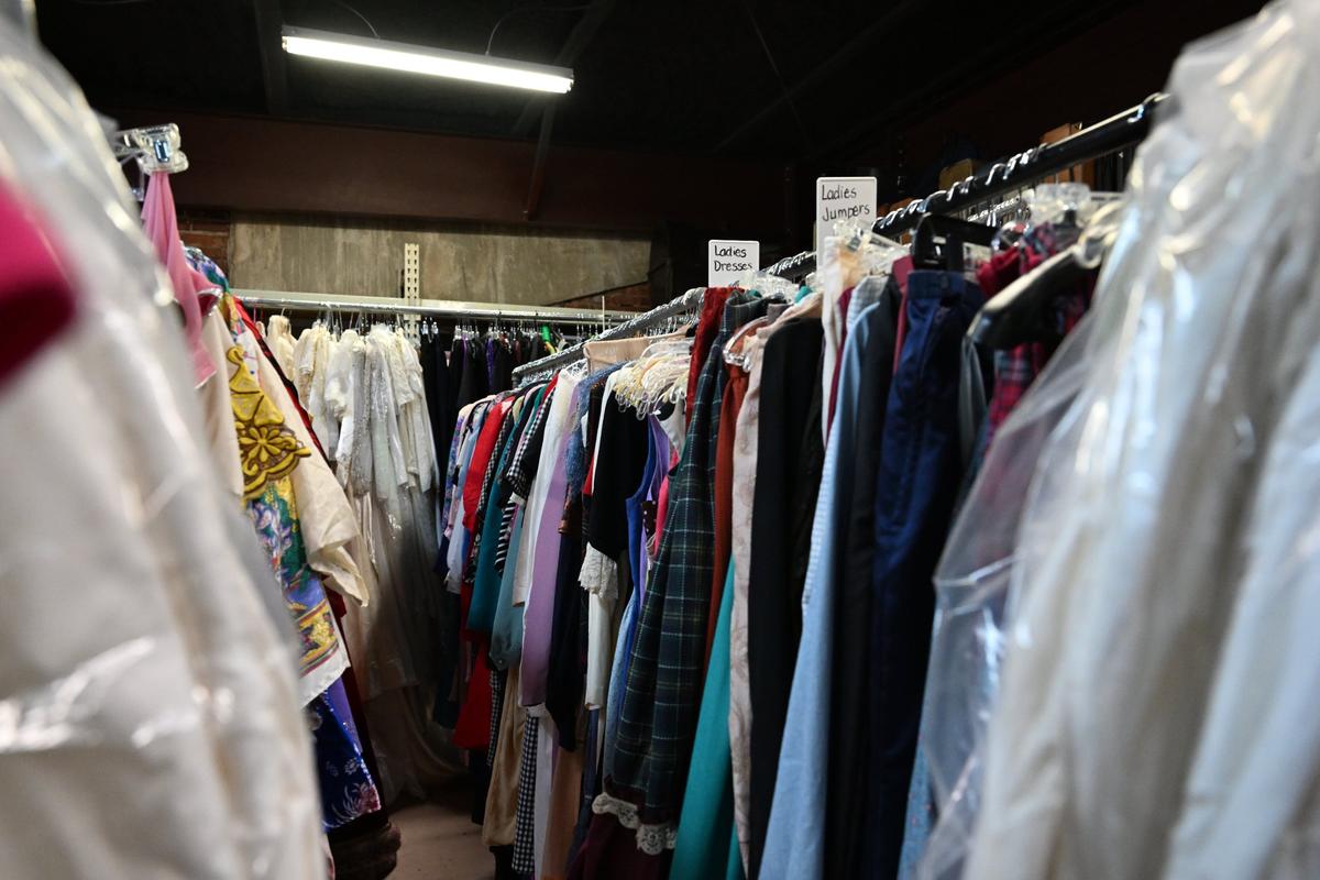 Costumes and props from The Backlot Players productions sit inside of the Rose Theater on Monday, June 16, 2025, in Forsyth, Georgia. All of the costumes inside of the theater had to be removed and cleaned after sustaining smoke damage in August 2024.