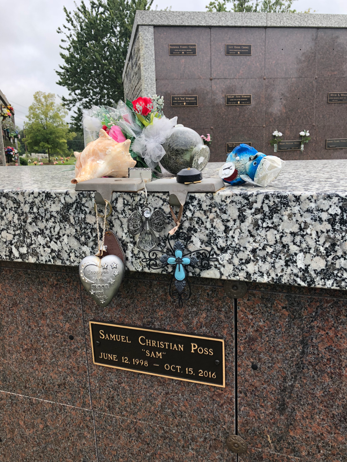 A grave marker for Sam Poss at Perry Memorial Gardens. His family has set up a scholarship in his honor at Perry High School for college-bound percussionists. Sam was captain of the drum line in his high school band. Sam’s Challenge, a reminder to “do good on purpose,” has more of Sam’s life story on Facebook.