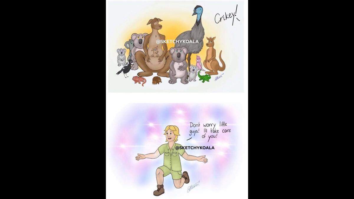 Shania-Mae Sturm II’s sketch of a set of animals being welcome by Crocodile Hunter Steve Irwin into heaven has gone viral after she posted it to her Sketchy Koala Facebook page.