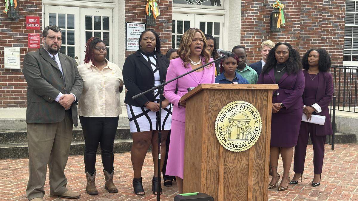 District Attorney for the Macon Judicial Circuit Anita R. Howard speaks on the 2021 killing of Montaveous Raines Jr. at a press conference on Friday, August 22, 2025, in Fort Valley, Georgia. Jaylen Smith and Jordan Mullis were sentenced to life in prison with the possibility of parole for the murder.