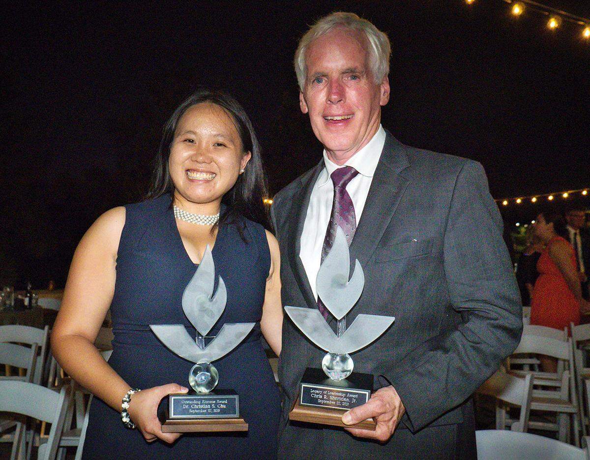 Chris R. Sheridan, Jr., chairman of the Board for Sheridan Construction, right, received the 2019 Legacy of Leadership award from the Middle Georgia State University Foundation, and Christina Chu, who conducts research in physics, received the Oustanding Alumna award, according to a news release release.