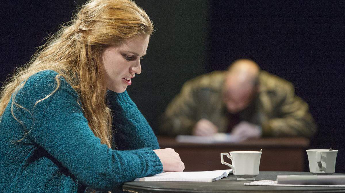 JASON VORHEES/THE TELEGRAPH Macon, GA, 11/10/2015: 
 Katie Clay rehearses a scene from Mercer Theatre's production of "Fiction" at Tattnall Square Center for the Arts November 10.