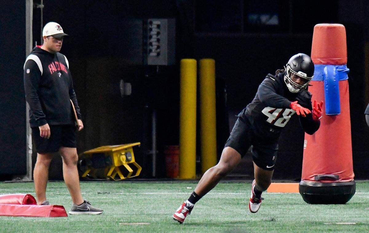 Atlanta Falcons linebacker Bud Dupree at practice held at Mercedes-Benz Stadium Tuesday. Dupree, a Middle Georgia native owns Vibez in dowtown Macon and was recntly named grand marshal of Macon’s inaugural Juneteenth parade.