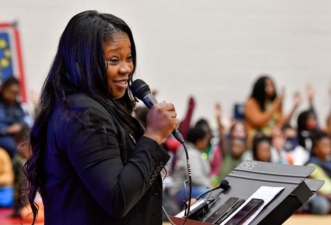 Warner Robins Mayor LaRhonda Patrick speaks to students at Pearl Stephens Elementary Wednesday morning during a Black History Month assembly in the school’s gym.