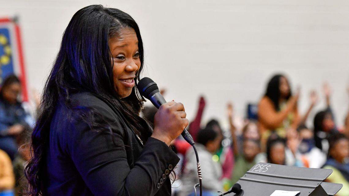 Warner Robins Mayor LaRhonda Patrick speaks to students at Pearl Stephens Elementary Wednesday morning during a Black History Month assembly in the school’s gym.