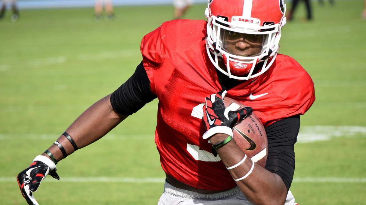 Georgia tailback Tae Crowder (30) during the Bulldogs' practice at North Florida's Hodges Field on Monday, Dec. 28, 2015, in Jacksonville, Fla. (Photo by Steven Colquitt)