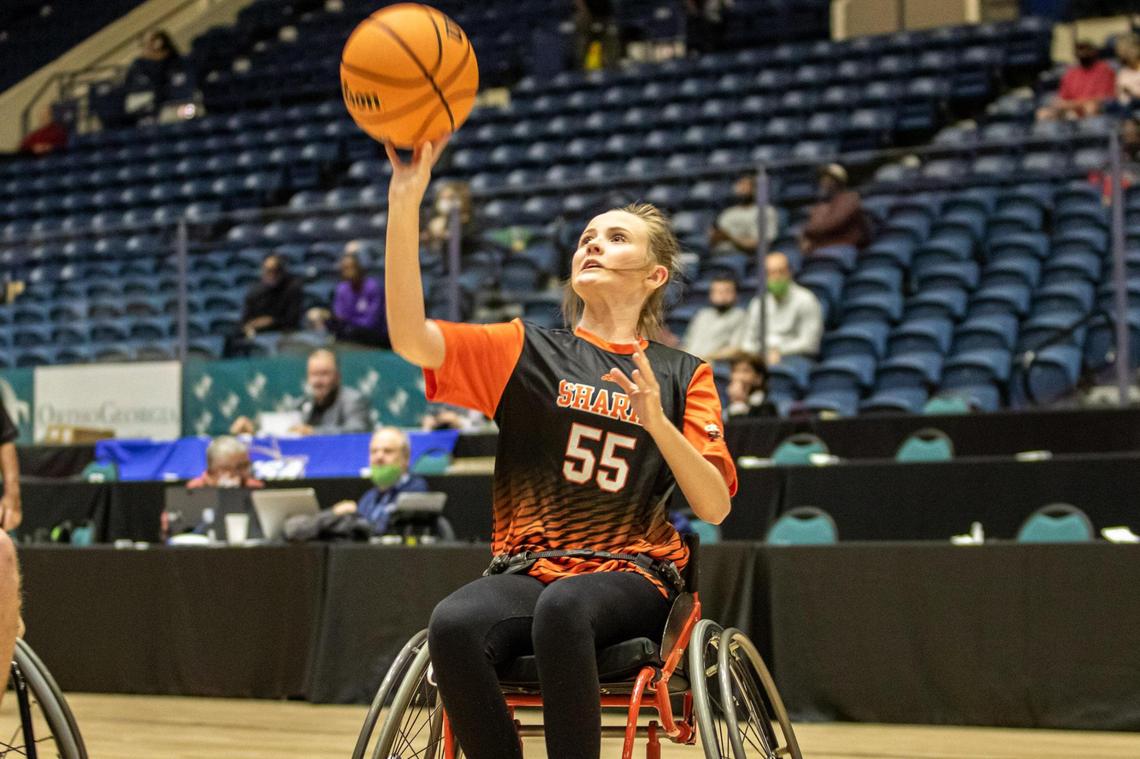 Houston County’s Miranda Lawhorn (55) shoots an open shot against the Gwinnett Heat in the GHSA Championship March 13.