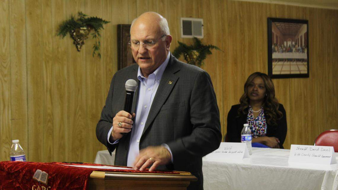 Bibb County Sheriff David Davis speaks about safety concerns at the Bibb County Law Enforcement Center on Thursday, May 8, 2025, at an NAACP Macon Chapter town hall meeting held at Antioch Missionary Baptist Church at 480 Greter Street. District Attorney Anita Howard and Alyse Wolf, the regional outreach coordinator for Sen. Jon Ossof, sat behind Davis and spoke on issues including long court trials and food stamps.