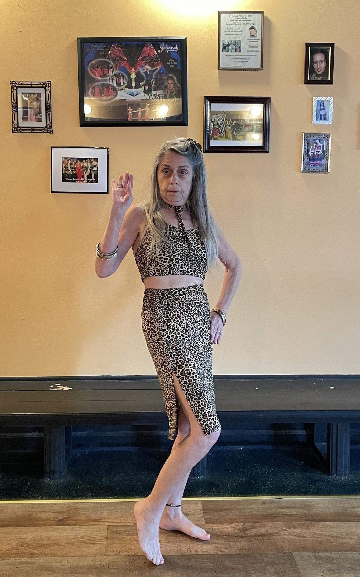 Diane Trunk, 79, who started taking belly dancing classes at Perry Belly Dance Studio about two years ago, strikes a pose.