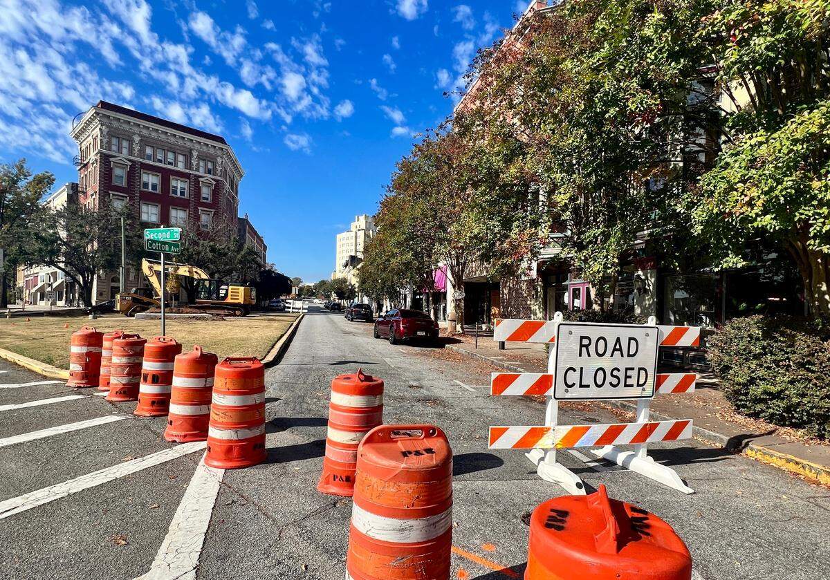 This diagonal section of Cotton Avenue from Mulberry Street Lane to Lawrence Mayer Florist closes permanently for the expansion of the Cotton Avenue Plaza with the addition of green space, benches, trees, landscaping and other beautification efforts.